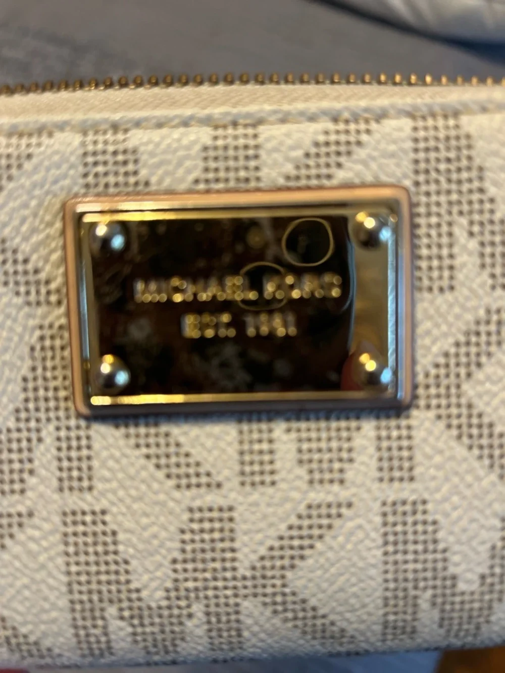Michael Kors White/ Beige MK Monogram Zip Wallet with Gold Plate